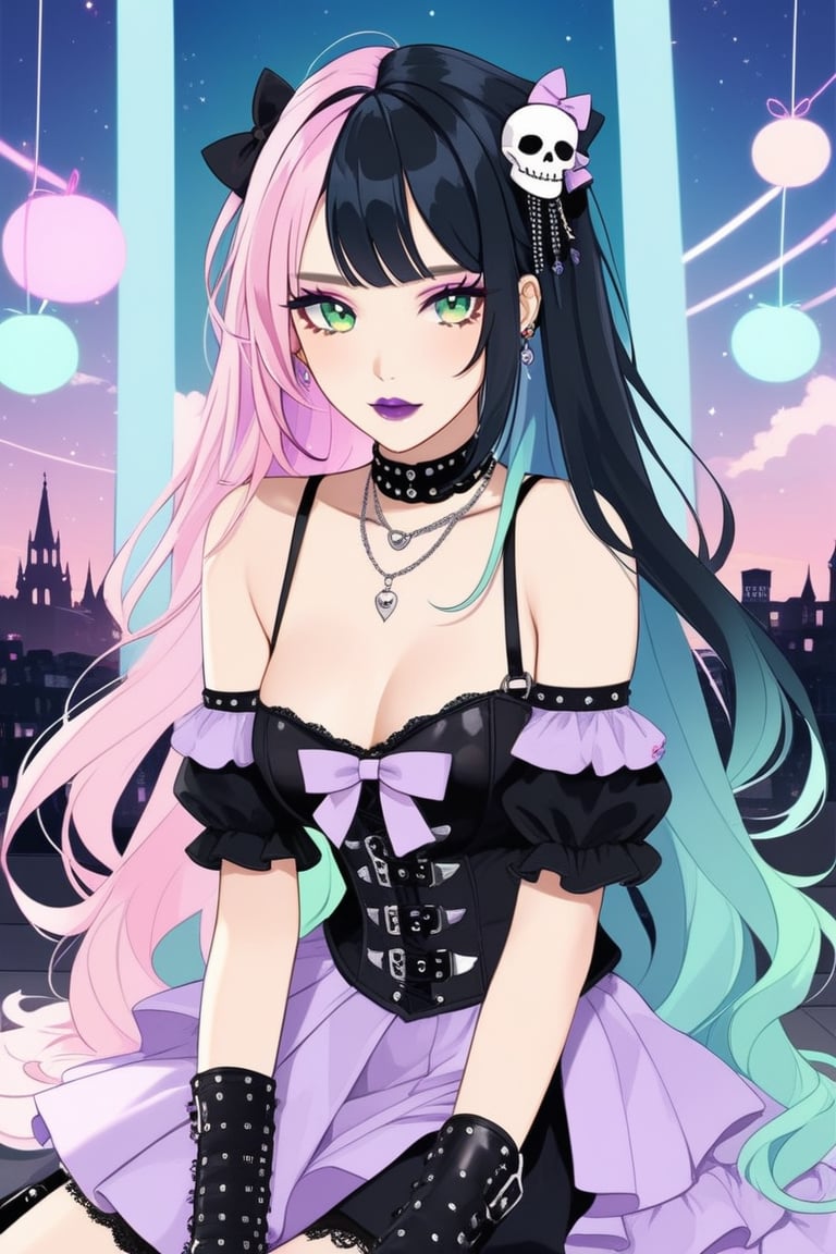 1Girl,Cute VTuber, Gothic Emo style fused with pastel punk fashion, She wears dark edgy clothing , Gothic elements like lace, corsets, and chains, but in pastel colors like pink, mint green, and lavender. Her hair is a vibrant mix of pastel hues, styled with asymmetrical bangs, adorned with small skulls or bows. Accessories include studded bracelets, chokers, and combat boots, all in pastel shades. Her makeup features dark eyeliner and eyeshadow, contrasted with pastel lipstick,vtuber,dal-1