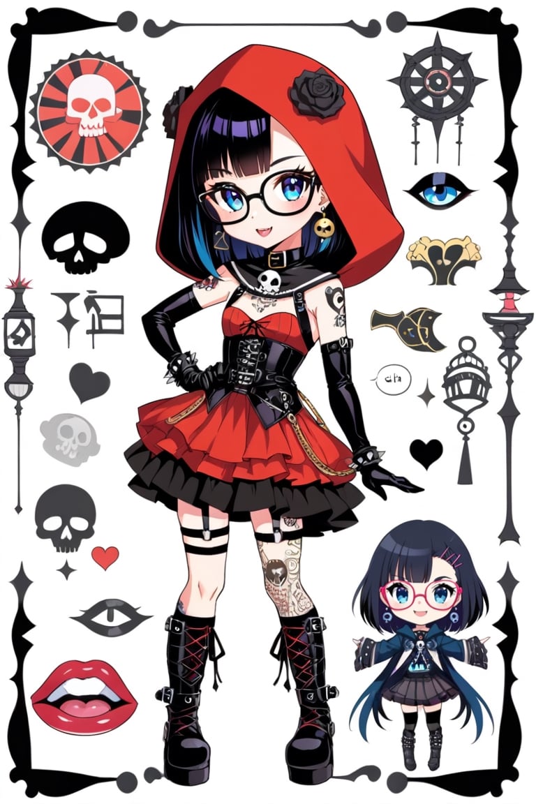 solo,cute Little girl, Little Red Riding Hood in a fusion of Japanese-inspired Gothic punk fashion, Red Hood, closed hands, elegance ancient Egypt edgy elements of Gothic punk, Gothic accessories, incorporating traditional Japanese motifs and punk-inspired details,Emphasize the unique synthesis of styles, 1girl, solo, looking at viewer, blue eyes, skirt, black hair, thighhighs, gloves, jewelry, earrings, boots, parted lips, glasses, black gloves, elbow gloves, black thighhighs, collar, lips, hand on hip, tattoo, makeup, garter straps, freckles. Nice eyes. ("Punk" text), heart \(symbol\), Skull\(symbol\), pastel goth,dal,colorful,chibi emote style,artint,BIG EYES,BIG Anime EYES