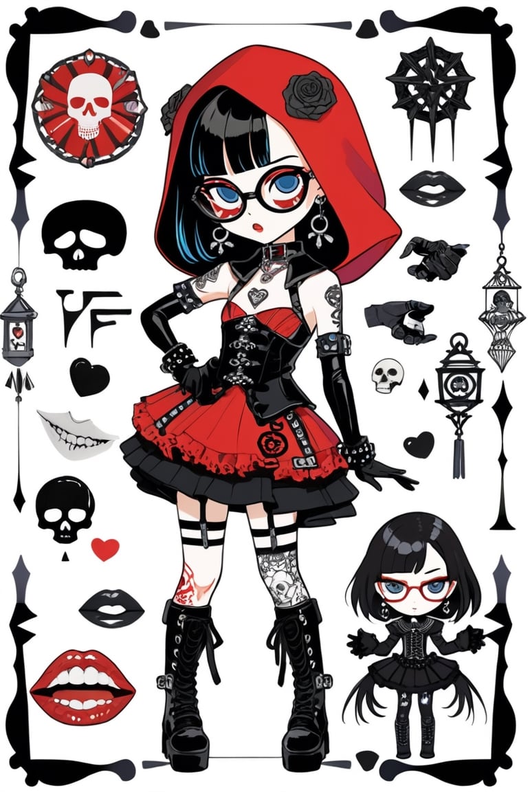 solo,cute Little girl, Little Red Riding Hood in a fusion of Japanese-inspired Gothic punk fashion,Red Hood, closed hands, elegance ancient Egypt edgy elements of Gothic punk, Gothic accessories, incorporating traditional Japanese motifs and punk-inspired details,Emphasize the unique synthesis of styles, 1girl, solo, looking at viewer, blue eyes, skirt, black hair, thighhighs, gloves,  jewelry, earrings, boots, parted lips, glasses, black gloves, elbow gloves, black thighhighs, collar, lips, hand on hip, tattoo, makeup, garter straps, freckles. Nice eyes.

("Punk" text), heart \(symbol\),  Skull\(symbol\), 
pastel goth,dal,colorful,chibi emote style,artint,BIG EYES