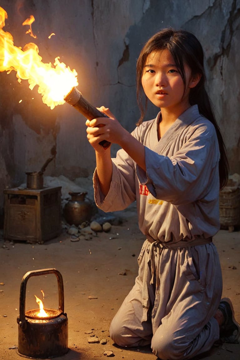 The Haotian Hammer drawn on the Douluo Continent appears in the form of a gas that emits golden light, appearing behind a 16-year-old girl in a fighting style. The girl gathers gas in her hands and emits a faint thunderous light.,cenn,Ycen