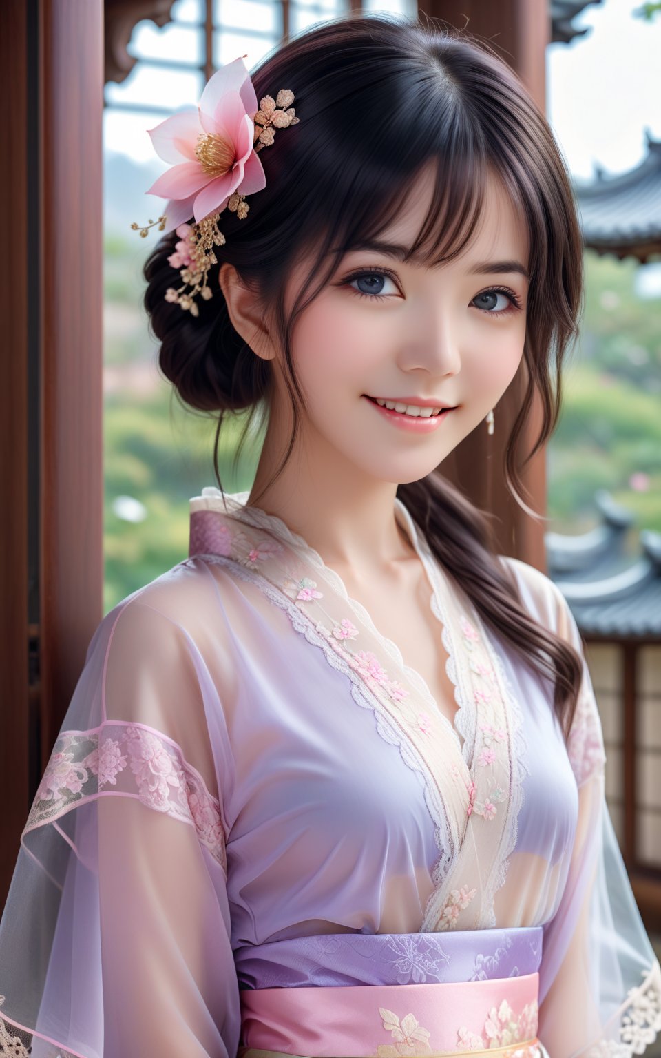 Photorealistic, (Masterpiece, Best Quality), (Intricate Details), Uniform 8k Wallpaper, Ultra Detailed, Beautiful Woman, Dark Hair, Looking at Camera, Smiling and Posing, (Pastel Colors: 1.3), (Lace) dress, beauty and aesthetics, 1girl, detail, solo, victorian mansion, transparent kimono, CCENN, innocent girl, beautiful eyes girl,cen cute