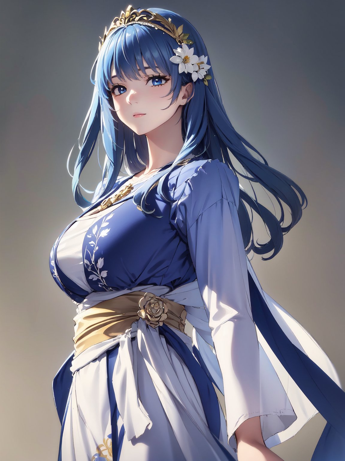 8k, masterpiece, ultra-realistic, best quality, high resolution, high resolution, 1girl, solo, reah, blue hair, blue eyes, thin eyebrow, busty and sexy girl, standing gracefully, serene expression,
FLOWER headdress adorned with gold accents and pearls, FLOWER PATTERN KIMONO, gold embroidery and gemstones, flowing robe or gown,
COLORFUL SMOKE BACKGROUND, rich golds and glowing whites,
luxurious, elegant, detailed