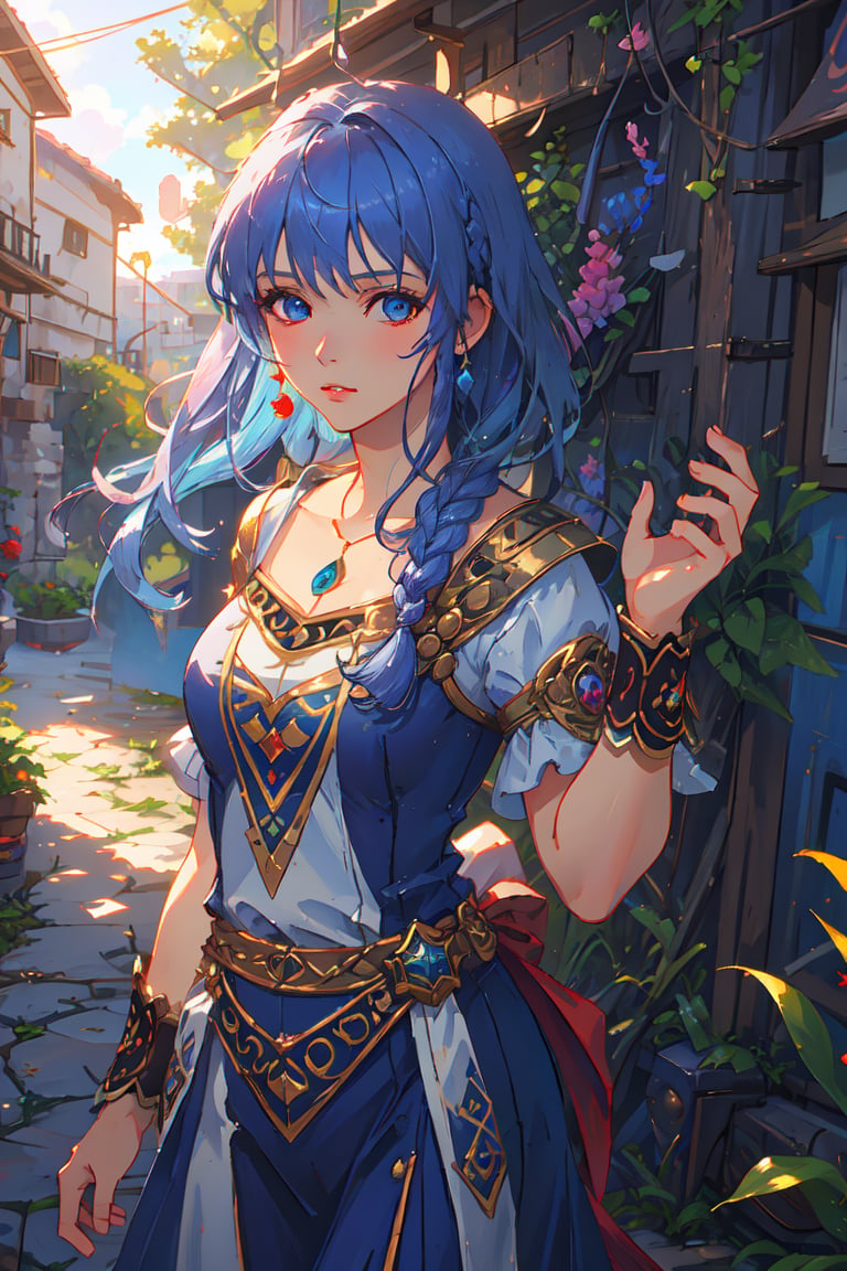 (masterpiece), best quality, high resolution, extremely detailed, detailed background, dynamic lighting, realistic, photorealistic, princess, reah, 1 girl, hands behind back, realistic, long blue hair, braid, facing viewer, 