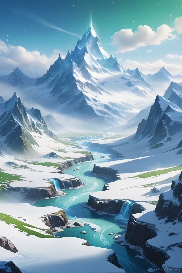 Snow-capped peaks pierce the sky in an 8K masterpiece, 'Frozen Majesty'. A misty veil rises from the valley floor, as morning sunlight casts a warm glow on the icy terrain. Brushstrokes of blue and green blend seamlessly, capturing the fleeting dance of light upon crystalline formations. ArtStation-worthy cinematography transports viewers to a serene, snow-encrusted realm.