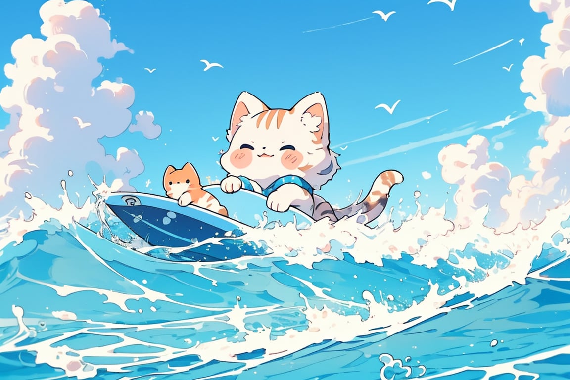 In this 8K-quality animation, a playful kitten is seen from below, close up shot picture from front, effortlessly riding a miniature surfboard across the gentle waves. The bright blue sky serves as a stunning backdrop, providing a vivid contrast to the kitten's soft fur and the surfboard's vibrant colors. The composition is dynamic, with the kitten's paws splayed out in all directions, capturing its carefree spirit.,chibi