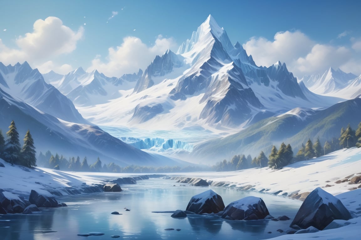 Realistic impressionist painting of a beautiful icy mountain landscape, High detail, impressionist style, realistic lighting, artstation, cinematic, 8k resolution, masterpiece, trending on ArtStation.,2d game scene