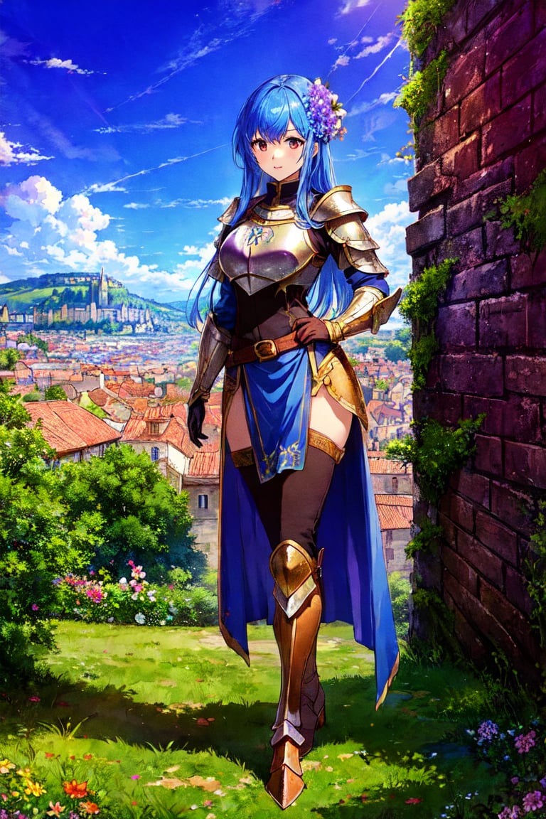 masterpiece, best quality, half body, perfect anatomy, 1girl, solo, reah, long blue hair, hair flower, gloves, armor, breastplate, bodysuit, pelvic curtain, standing, outdoors, medieval city, castle in background,