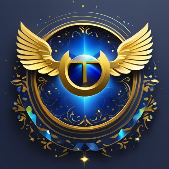 a divinely beautiful emblem blue eclipse, blue blow, masterpiece quality, iridescent, explicit, BREAK loving look, holy theme, angel wings, majestic, golden, triadic colors, perfect contrast, golden patterns, minimalistB, minimalistbadge, text as "T A"