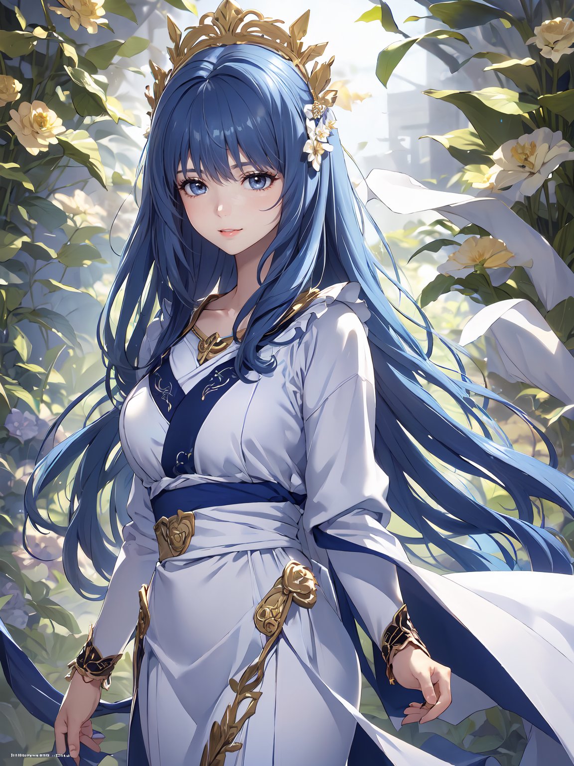 8k, masterpiece, ultra-realistic, best quality, high resolution, high resolution, 1girl, solo, reah, blue hair, blue eyes, thin eyebrow, busty and sexy girl, standing gracefully, serene expression, flower garden background.
FLOWER headdress adorned with gold accents and pearls, FLOWER PATTERN KIMONO, gold embroidery and gemstones, flowing robe or gown,
COLORFUL SMOKE BACKGROUND, rich golds and glowing whites,
luxurious, elegant, detailed