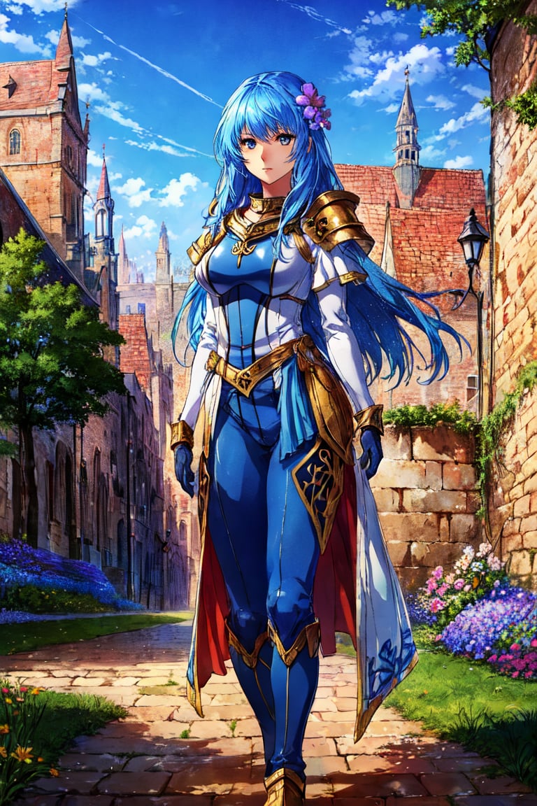 masterpiece, best quality, half body, perfect anatomy, 1girl, solo, reah, long blue hair, hair flower, gloves, armor, breastplate, bodysuit, pelvic curtain, standing, outdoors, medieval city, castle in background,