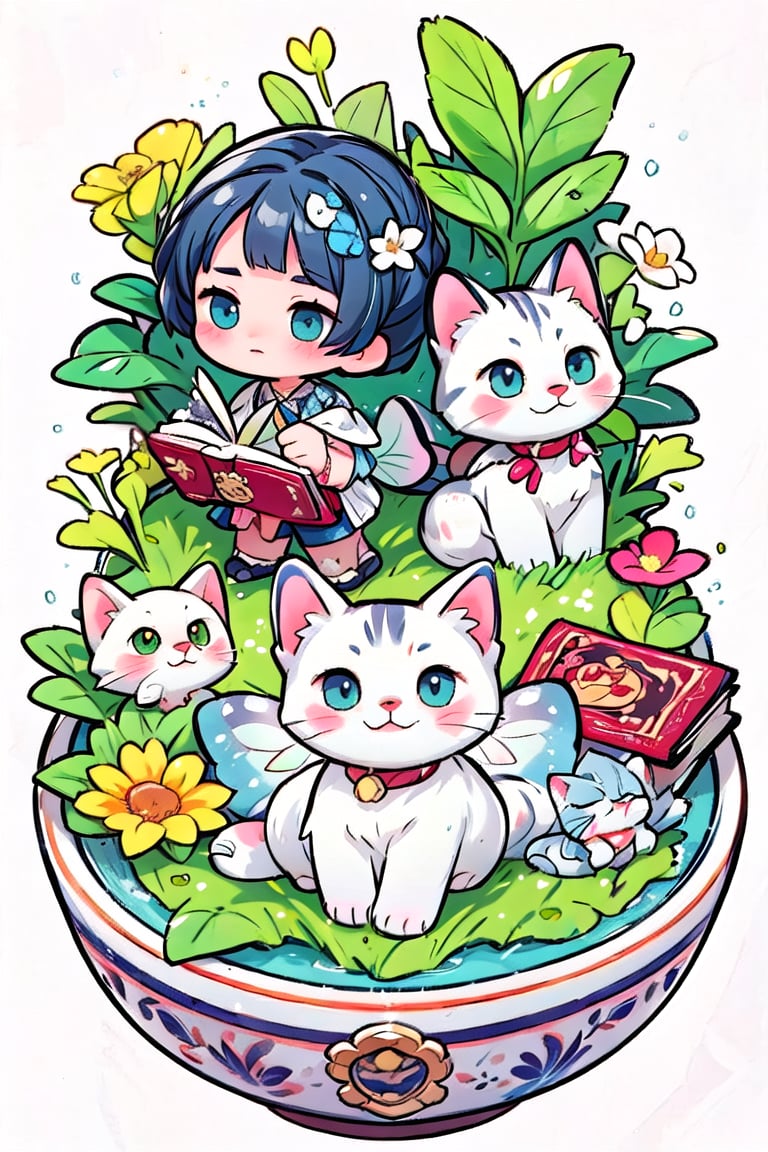 Tiny figurines of cats and various small objects surround a whimsical floral arrangement, as delicate as a butterfly's wing. From above, the scene unfolds like a miniature world, where tiny vases, books, and other trinkets fill the frame with meticulous detail. The simple yet playful presence of the feline friends adds to the visual charm.,Chibi