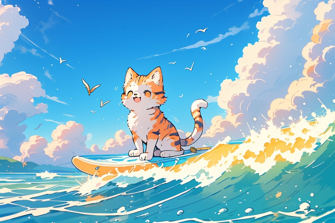 In this 8K-quality animation, a playful kitten is seen from below, close up shot picture from front, effortlessly riding a miniature surfboard across the gentle waves. The bright blue sky serves as a stunning backdrop, providing a vivid contrast to the kitten's soft fur and the surfboard's vibrant colors. The composition is dynamic, with the kitten's paws splayed out in all directions, capturing its carefree spirit.
