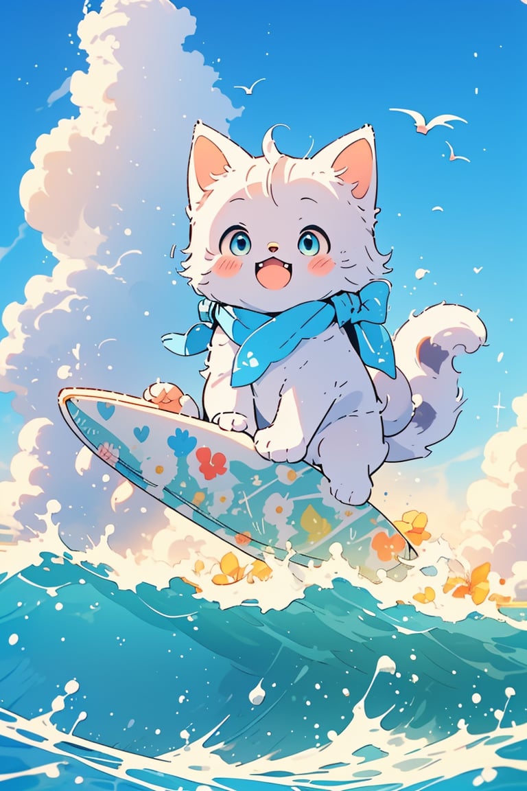 In this 8K-quality animation, a playful kitten is seen from below, close up shot picture from front, effortlessly riding a miniature surfboard across the gentle waves. The bright blue sky serves as a stunning backdrop, providing a vivid contrast to the kitten's soft fur and the surfboard's vibrant colors. The composition is dynamic, with the kitten's paws splayed out in all directions, capturing its carefree spirit.