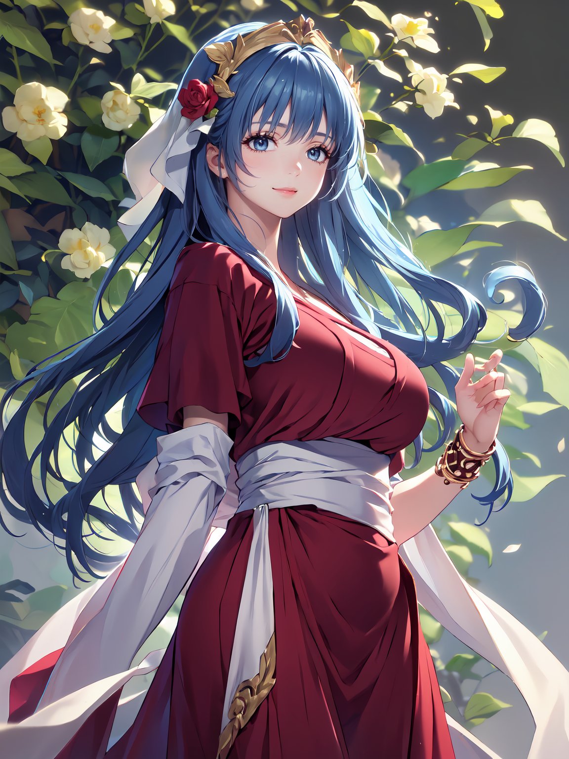 8k, masterpiece, ultra-realistic, best quality, high resolution, high resolution, 1girl, solo, reah, blue hair, blue eyes, thin eyebrow, busty and sexy girl, standing gracefully, serene expression, flower garden background. reah, red scarf, red cloak, red dress, bracelet.
FLOWER headdress adorned with gold accents and pearls, FLOWER PATTERN KIMONO, gold embroidery and gemstones, flowing robe or gown,
COLORFUL SMOKE BACKGROUND, rich golds and glowing whites,
luxurious, elegant, detailed