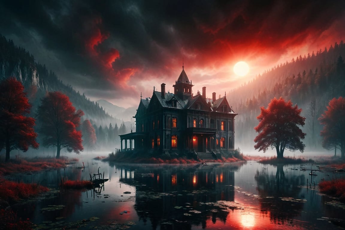 mansion near misty lake, red and dark ambient, high_resolution, big mansion building