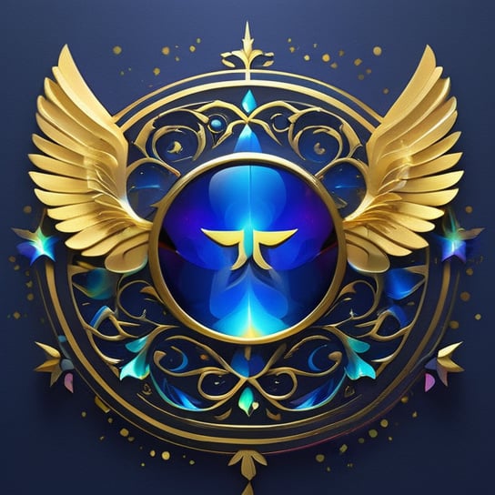 a divinely beautiful emblem blue eclipse, blue blow, masterpiece quality, iridescent, explicit, BREAK loving look, holy theme, angel wings, majestic, golden, triadic colors, perfect contrast, golden patterns, minimalistB, minimalistbadge, text as "T A"