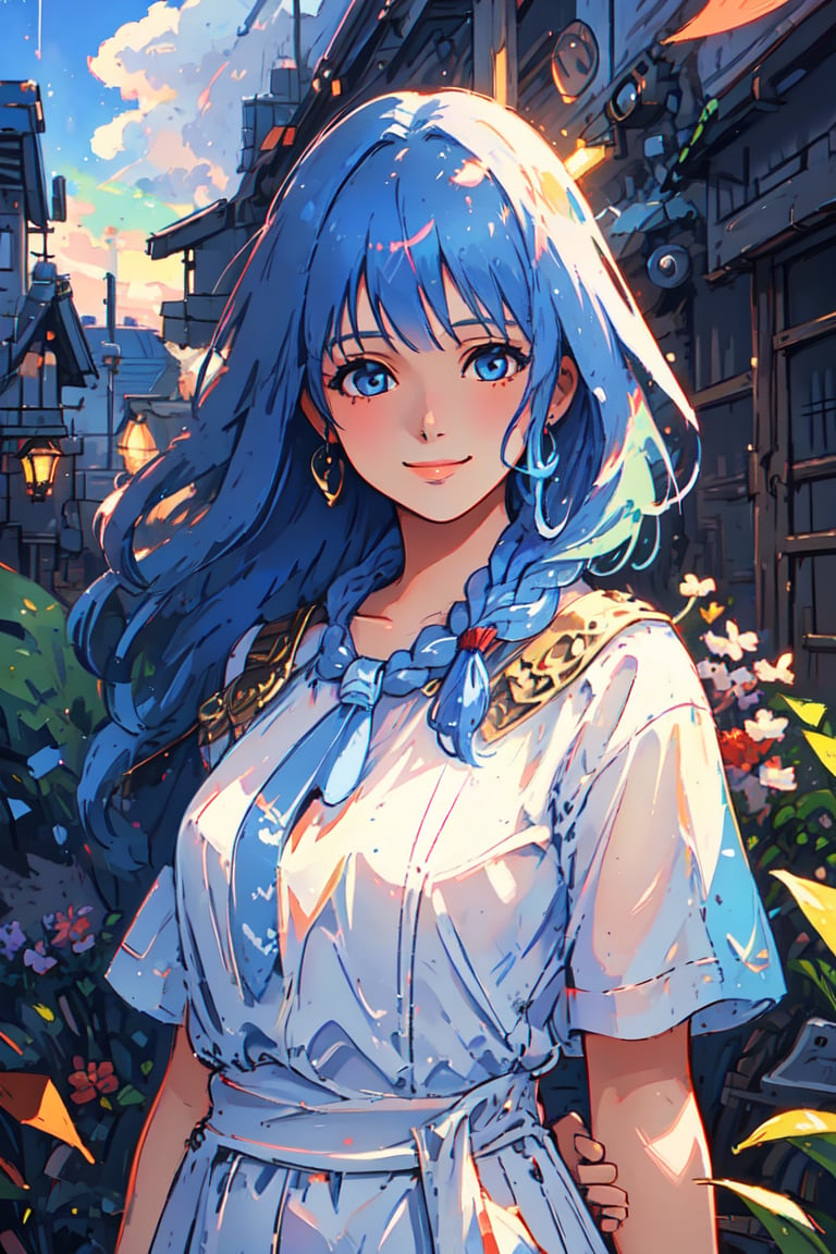 (masterpiece), best quality, high resolution, extremely detailed, detailed background, dynamic lighting, realistic, photorealistic, princess, reah, 1 girl, hands behind back, gentle smile, realistic, long blue hair, braid, facing viewer, Colors, simplecats