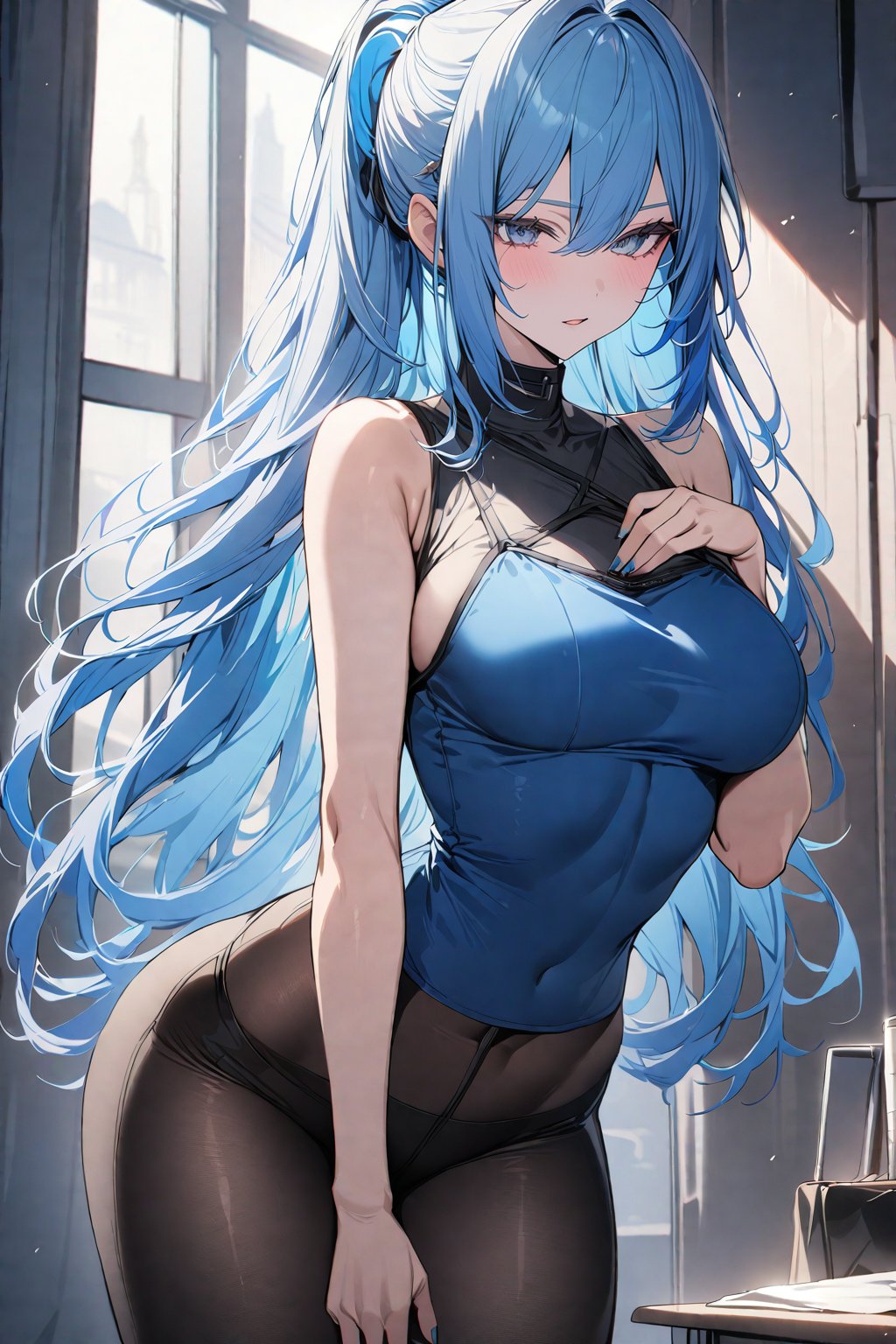 (8K, Masterpiece, Best Quality), 1girl, long hair, light blue hair, pony hair, emo, straight blue hair, blue eyes, mature, makeup, medium bust, thin waist, tights, blue color, more details XL,