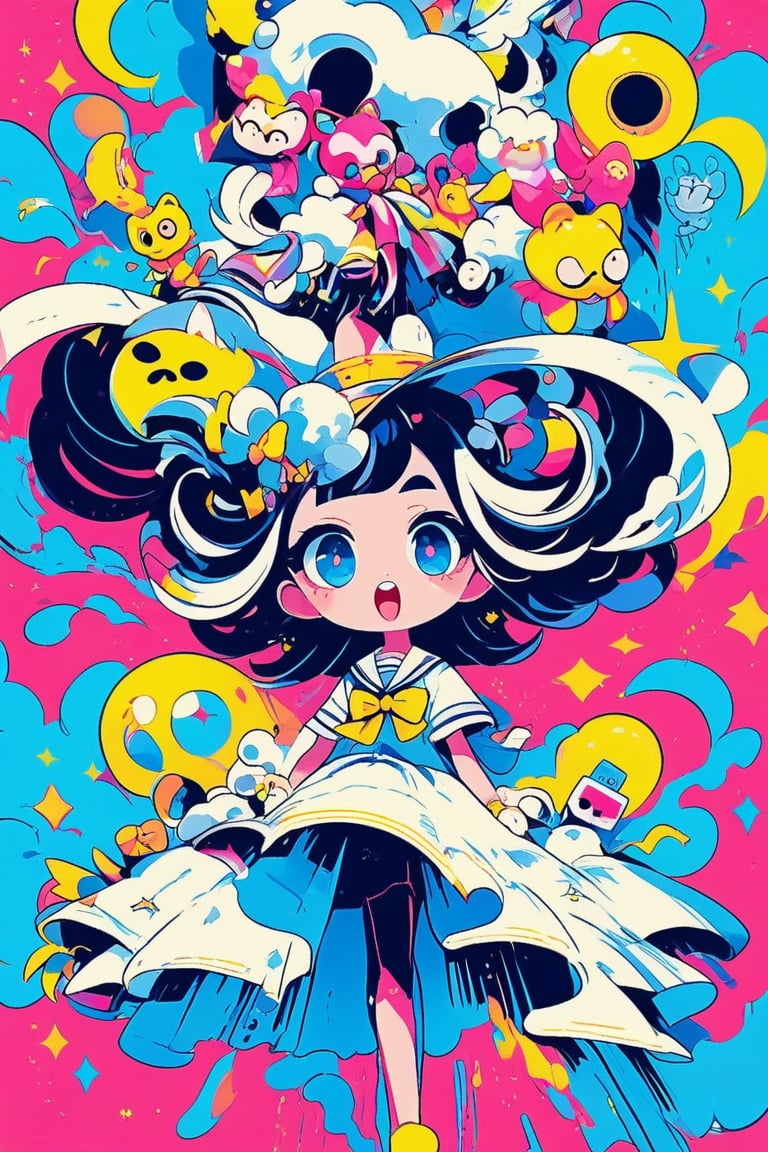 A Colorful consept art. A girl and pop-style anime illustration,featuring an extremely deformed, 1Girl, girl in glamorous dress. The girl has exaggerated, large blue eyes sparkling with excitement and an over-the-top, cheerful expression. Her sailor uniform is brightly colored with bold, contrasting hues and glittering accents. She has voluminous, flowing hair adorned with cute accessories like bows and stars. The background is vibrant and busy,gloriaexe,txznf