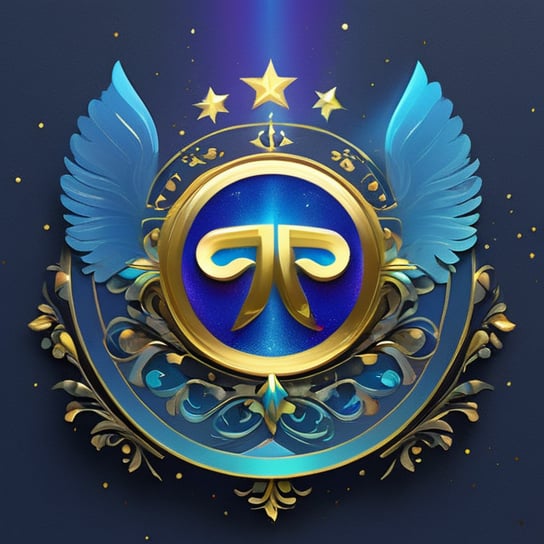 a divinely beautiful emblem blue eclipse, blue blow, masterpiece quality, iridescent, explicit, BREAK loving look, holy theme, angel wings, majestic, golden, triadic colors, perfect contrast, golden patterns, minimalistB, minimalistbadge, text as "T A"