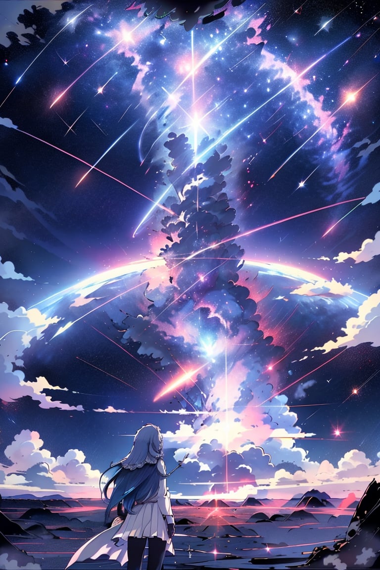 Masterpiece, HD, 1girl, Best Quality, (long blue hair), white Skin, good fingers, good hands, comet taking off far away, night sky, interstellar, back view, behind, far away view, girl far in distance, comet in distance, EpicSky, cloud