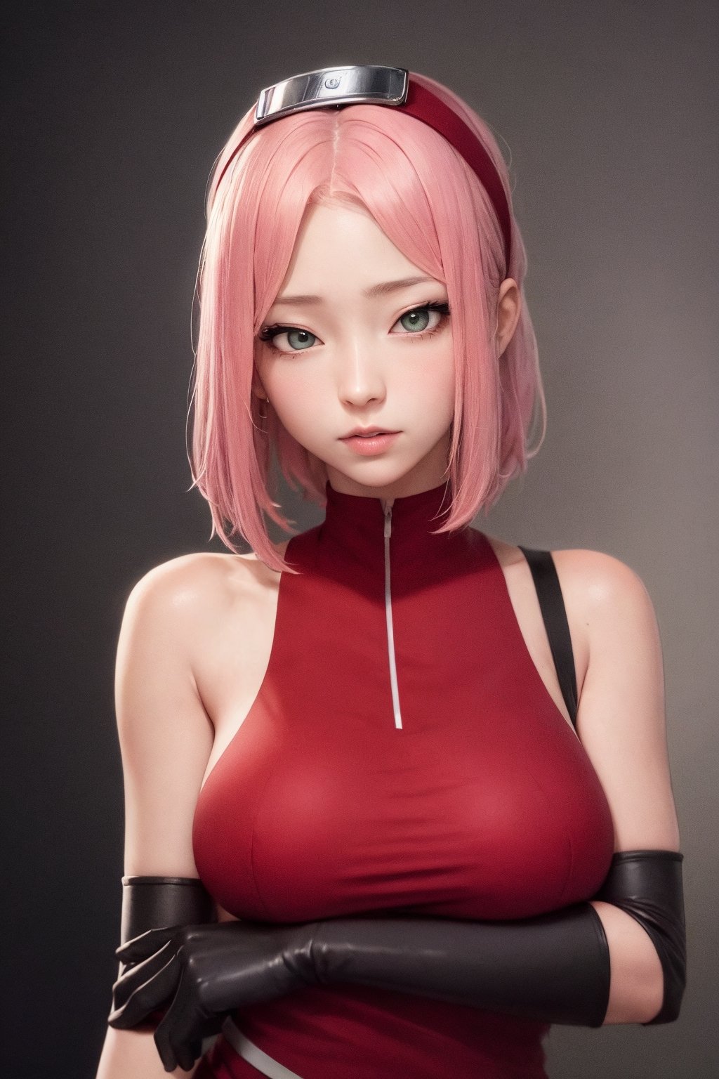 (masterpiece),
1girl, 
haruno sakura, 
floating hair, 
upper body shot,
HDR, highly detailed, 32k,
black background, 
((sexy mood)),
perfect face feature,
sexy red shirt,
konoha head band,
black_glove