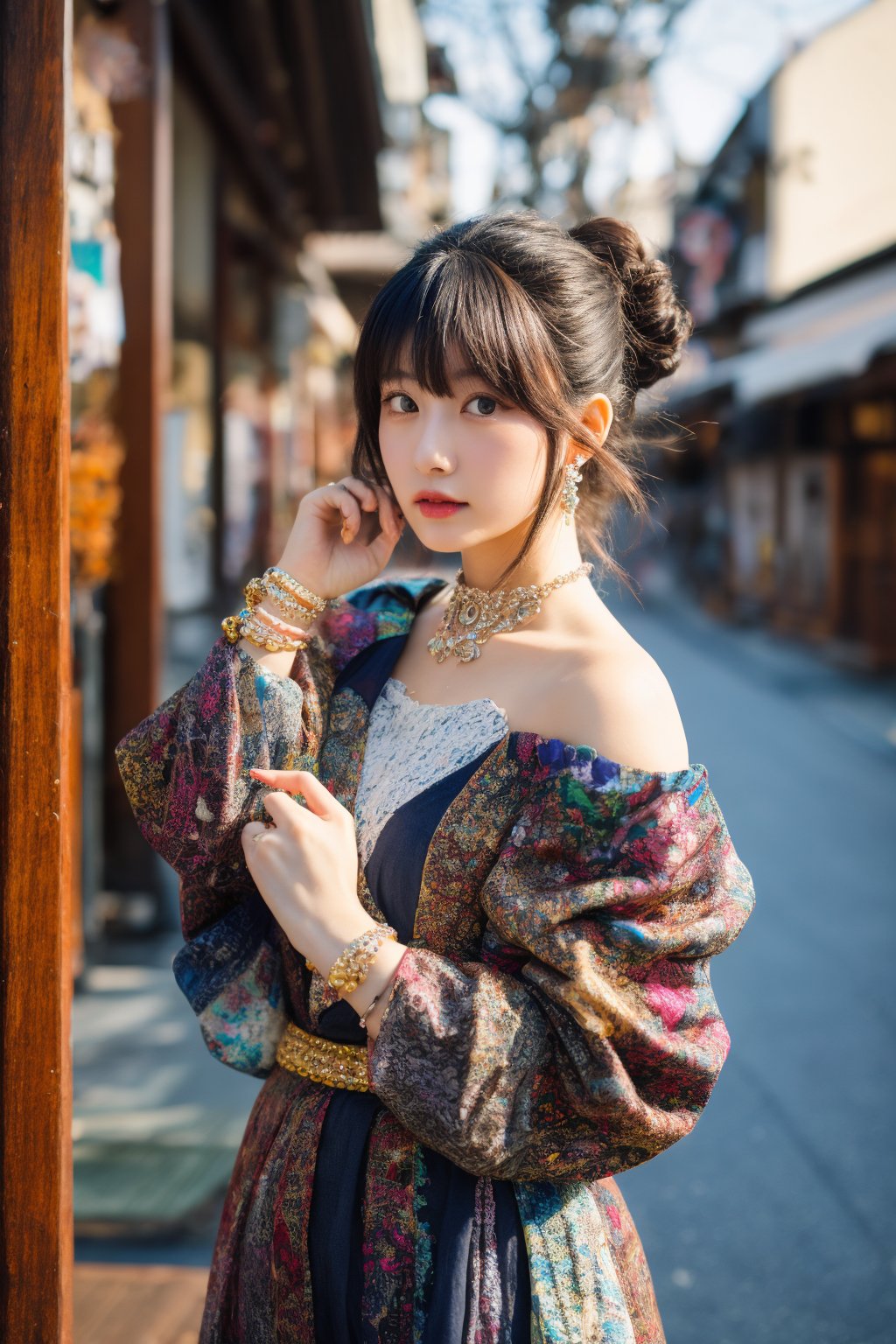 Masterpiece, best quality, super detailed, 
beautiful 20 years old Japanese girl, solo, 
exposed shoulder,
full body shot,
Sultry pose,
Hourglass full body, 
realistic portrait,
flower Hair clip,
updo hair,
Diamond drop earrings,
brown Alluring eyes,
pouty,
Graceful hands,
beaded bracelet,
beautiful Slim leg,
clogs,
kimono dress,
Kyoto street,
Sakura is floating,Sittingw