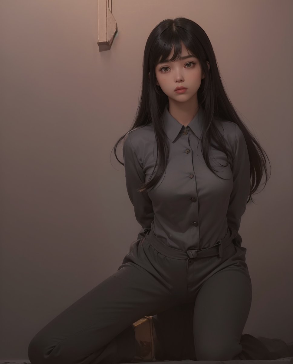 ((((Top_button_collared_long_sleeve_shirt:1.5)))),(((long_pants:1.4))),(((((arms_tied_behind_back,arms_bent:1.7))))),(((kneeling:1.6))),(((((long_hair_with_complete_bangs:1.6))))),(((((side_camera_shot:1.6))))),(((beautiful and aesthetic:1.4))),(expressionless),((((plastic_surgery_round_cheeks, high-bridged_nose:1.5)))),(communist_prison_cell:1.7),
perfect.,Bomi,Enhance,Model ,Asian ,eungirl,((((1girl)))).,((Perfect lips)).,perfect light.,insane details ,high details,perfect light