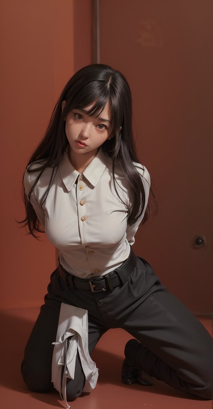 ((((Top_button_collared_long_sleeve_shirt:1.5)))),(((long_pants_with_belt:1.4))),(((((arms_tied_behind_back,arms_bent:1.7))))),(((kneeling:1.6))),(((((long_hair_with_complete_bangs:1.6))))),(((((side_camera_shot:1.6))))),(((beautiful and aesthetic:1.4))),(expressionless),((((plastic_surgery_round_cheeks, high-bridged_nose:1.5)))),(communist_prison_cell:1.7),
perfect.,Bomi,Enhance,Model ,Asian ,eungirl,((((1girl)))).,((Perfect lips)).,perfect light.,insane details ,high details,perfect light