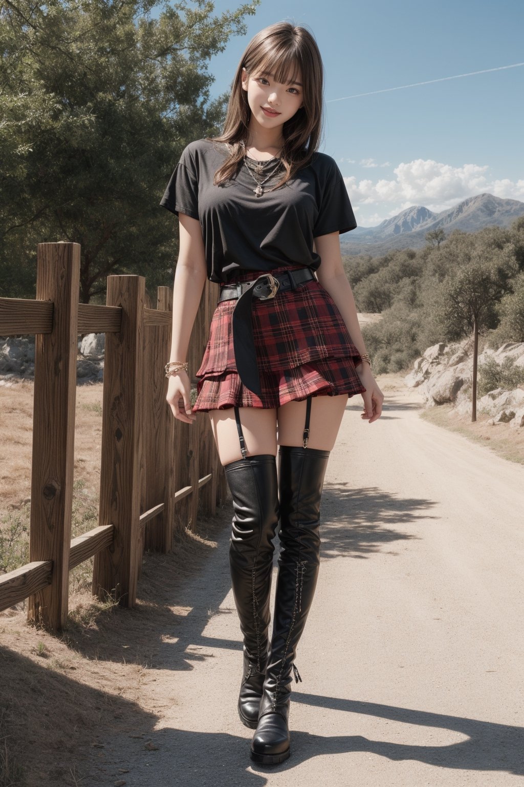 1girl, solo,big breasts, looking at viewer,big smile, medium hair, Bangs,brown hair,black t-shirt,(red bias cut plaid layered mini skirt),(dark black Over Knee Thigh High Stocking), jewelry,bracelet,full body,standing,short sleeves,black martin boots, outdoors, parted lips, sky,belt, necklace, chain,sexy model pose,early morning,rock mountain background,rock style