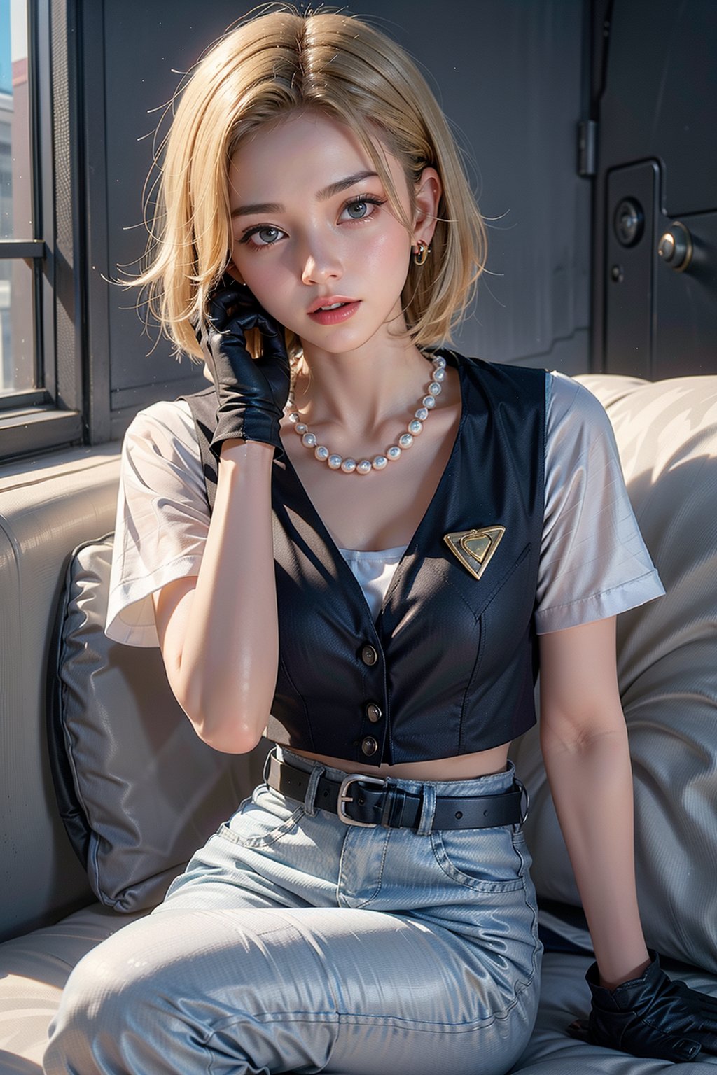 (RAW photo, best quality), (real, photo real: 1.3), high resolution, 18, 1 girl, android 18, solo, blonde, short hair, blue eyes, pretty eyes, belt, skinny jeans, pearls Necklace, bracelet, ((black gloves)), (white vest), short sleeves, earrings, blue pants, open vest, (black vest), (medium chest), thin waist, (wide hips), Android_18, female 1, Real hands and beautiful legs, hot figure, (curl up and lie on your side 1.2)