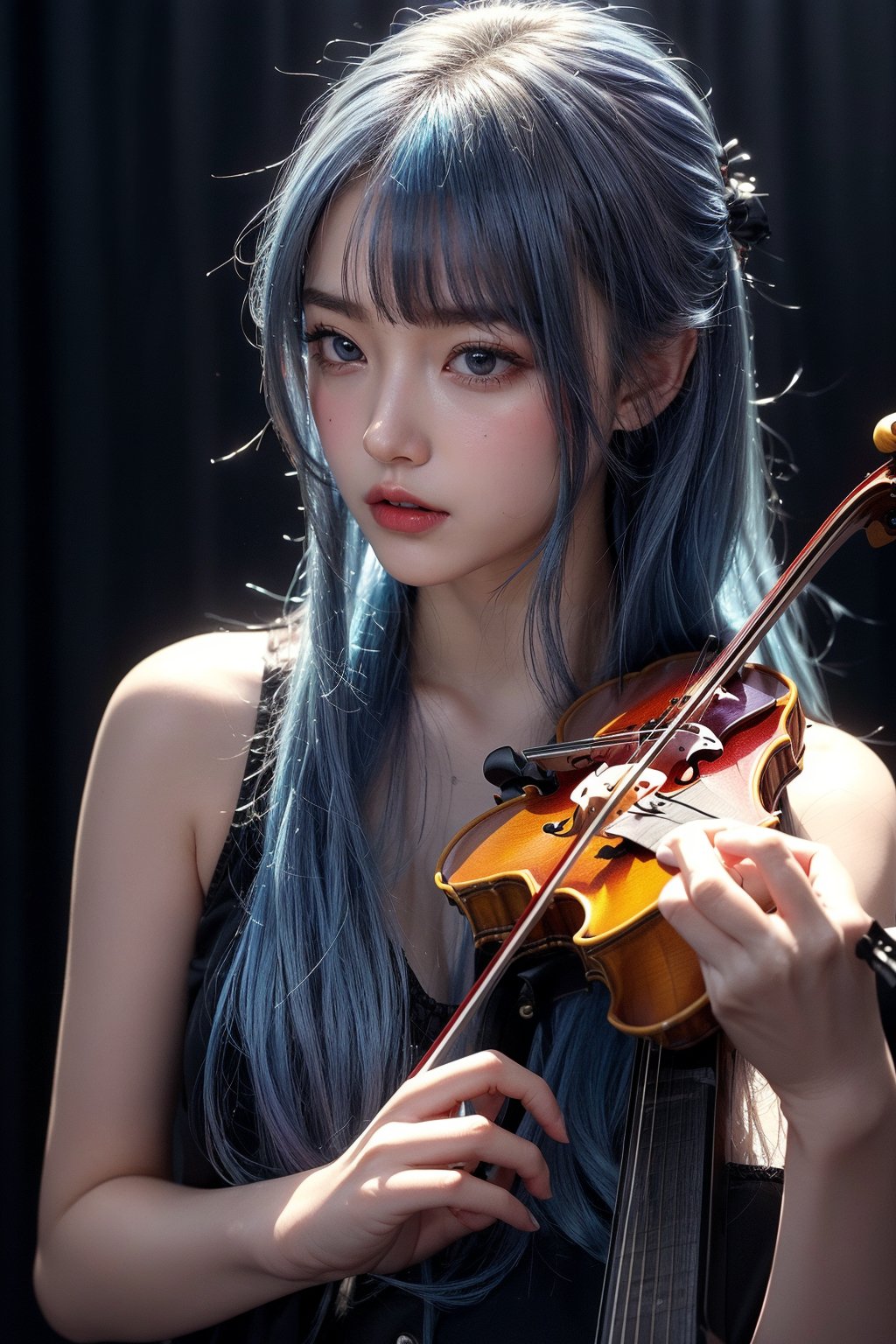 (3_characters),(((1girl playing a Gibson Les Paul e-guitar in a standing position))),(((1 realistic drummer with blue hair in the background and 1 girl with violet hair is playing violin))),(((realistic Gibson_Les_Paul_e-Guitar))), in background seeing many music instruments like violin_contrabass,piano,flutes,oboe,percussion,(realistic instruments)))),(((on the ground seeing some realistic_guitar_foot_pedal_devices))),((smooth light,red light ambience)), (gloomy), ((the girl has green hair and green eyes, closed mouth, smile, (((full_body)))), fantasy, aesthetic, (masterpiece, best quality, highres), trending on pixiv, solo, (((good hands))), ((anime_screencap)), perfect anime anatomy, ,ARYSTYLE3,