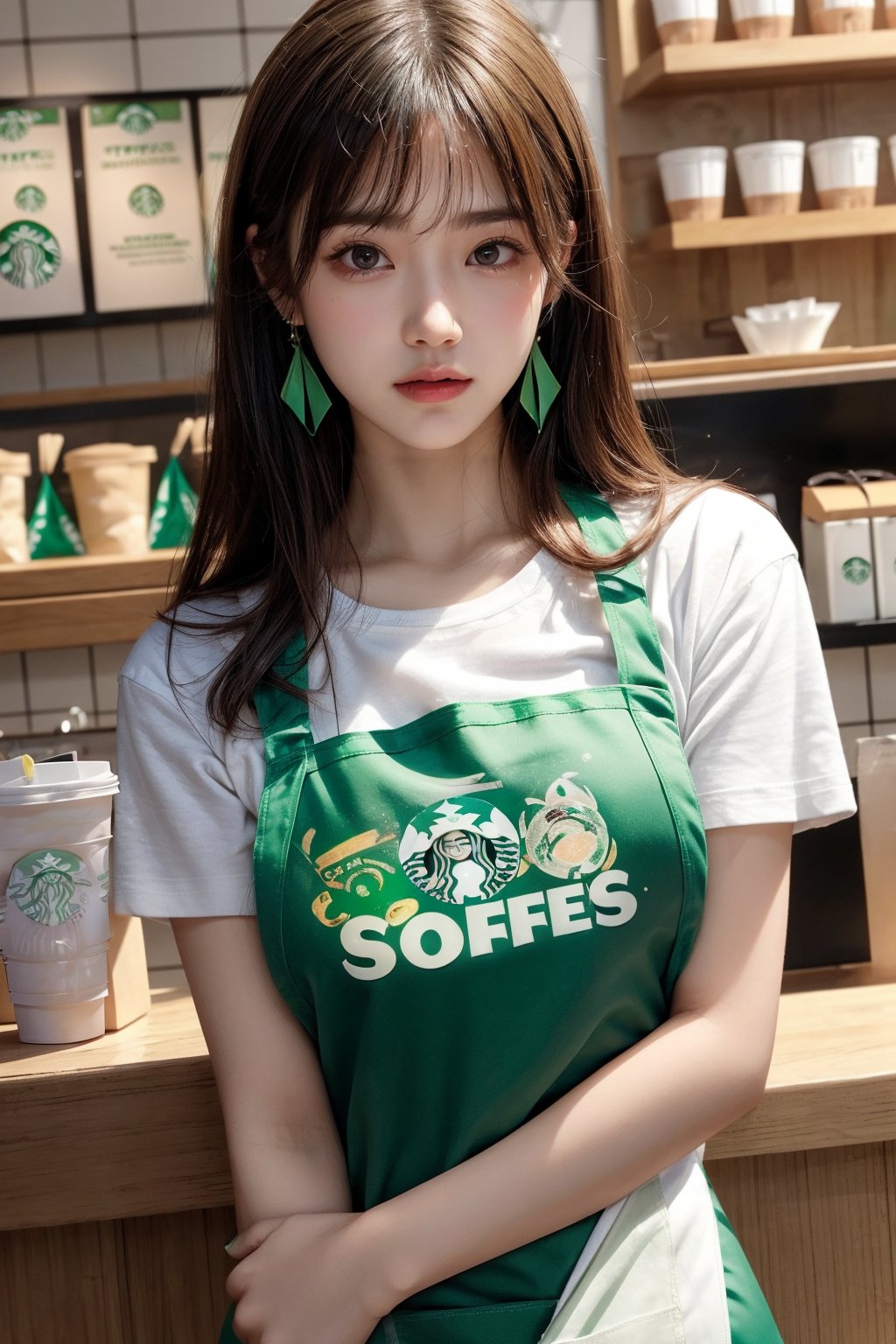 1 girl, very bright backlighting, solo, {beautiful and detailed eyes}, large breasts, dazzling moonlight, calm expression, natural and soft light, hair blown by the breeze, delicate facial features, Blunt bangs, beautiful korean girl, eye smile, very small earrings,(working at Starbucks wearing a white T-shirt and a green apron:1.3),23yo, film grain, realhands,shy smile