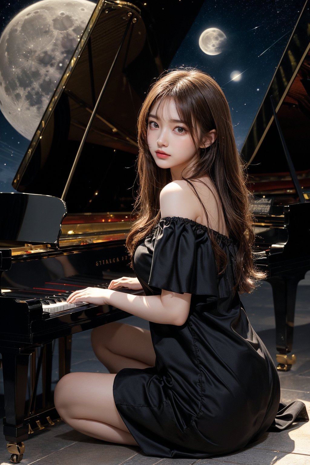 1girl, solo, long hair, looking at viewer, smile, bangs, brown hair, dress, bare shoulders, brown eyes, sitting, full body, sky, barefoot, off shoulder, black dress,pantyhose, , big breasts,from side, lips, see-through, window, night, moon, building, instrument, star \(sky\), night sky, full moon, starry sky, reflection, city, off-shoulder dress, piano, moonlight, reflective floor, Steinway & Sons black grand piano