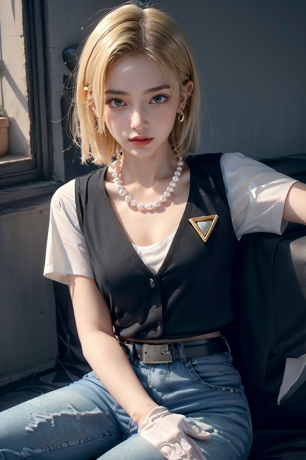 (RAW photo, best quality), (real, photo real: 1.3), high resolution, 18, 1 girl, android 18, solo, blonde, short hair, blue eyes, pretty eyes, belt, skinny jeans, pearls Necklace, bracelet, ((black gloves)), (white vest), short sleeves, earrings, blue pants, open vest, (black vest), (medium chest), thin waist, (wide hips), Android_18, female 1, Real hands and beautiful legs, hot figure, (curl up and lie on your side 1.2)