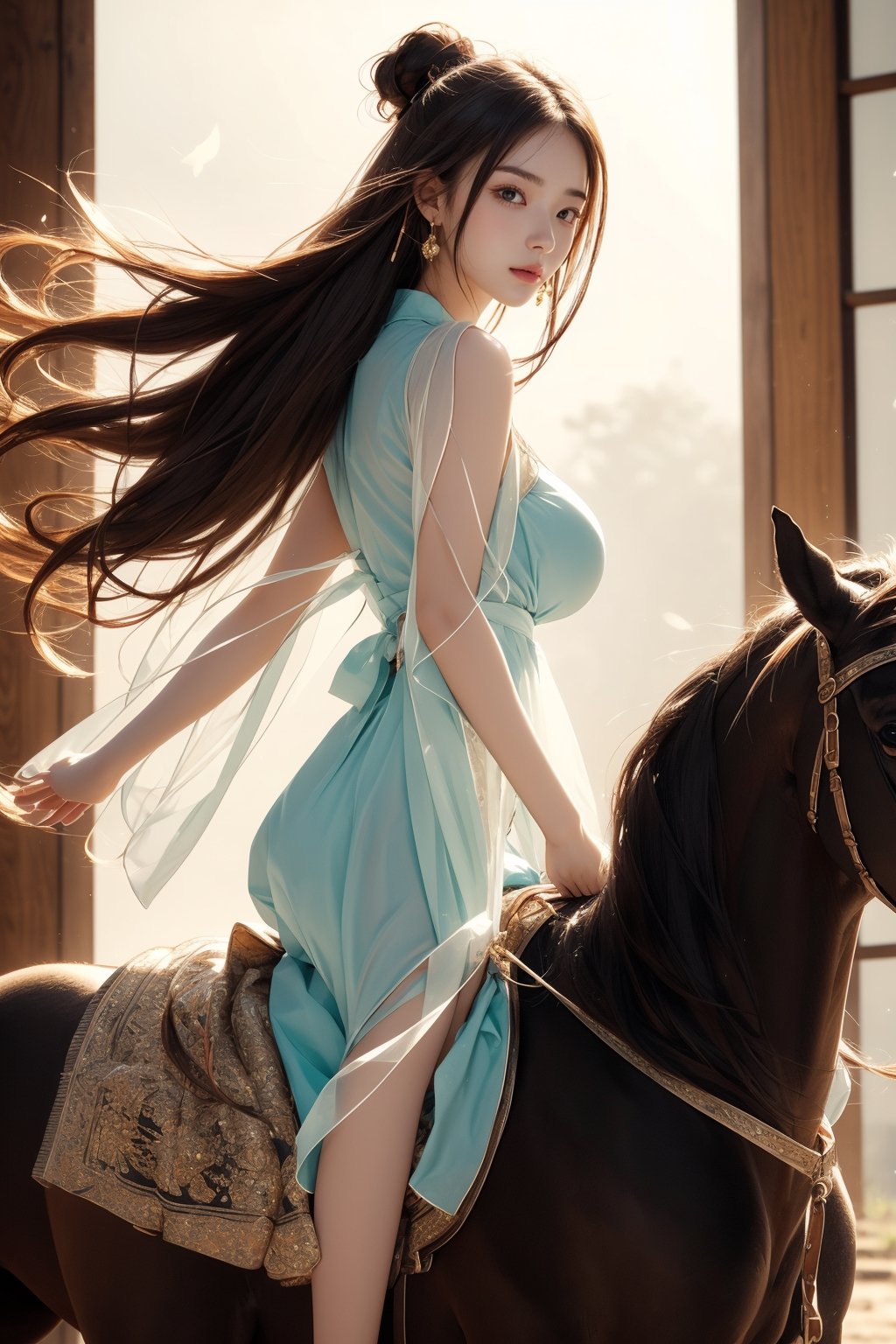 background forest,foggy,flower leaves flying in the wind,
20 yo, 1 girl, beautiful girl,look back,big breasts,wearing beautiful hanfu(white transparent),cape(white transparent),riding a horse,shining bracelet, smile, solo, {beautiful and detailed eyes}, dark eyes, an energetic attitude, natural and soft light, delicate facial features, ((model pose)), Glamor body type, (dark hair:1.2), simple tiny earrings,very_long_hair,hair past hip, bang,straight hair, big buns,flim grain, realhands, masterpiece, Best Quality, 16k, photorealistic, ultra-detailed, finely detailed, high resolution, perfect dynamic composition, beautiful detailed eyes, eye smile,sharp-focus, full_body, sexy pose, cowboy_shot,Bomi,ancient_chinese_indoors,horse,riding,horseback_riding,Samurai girl