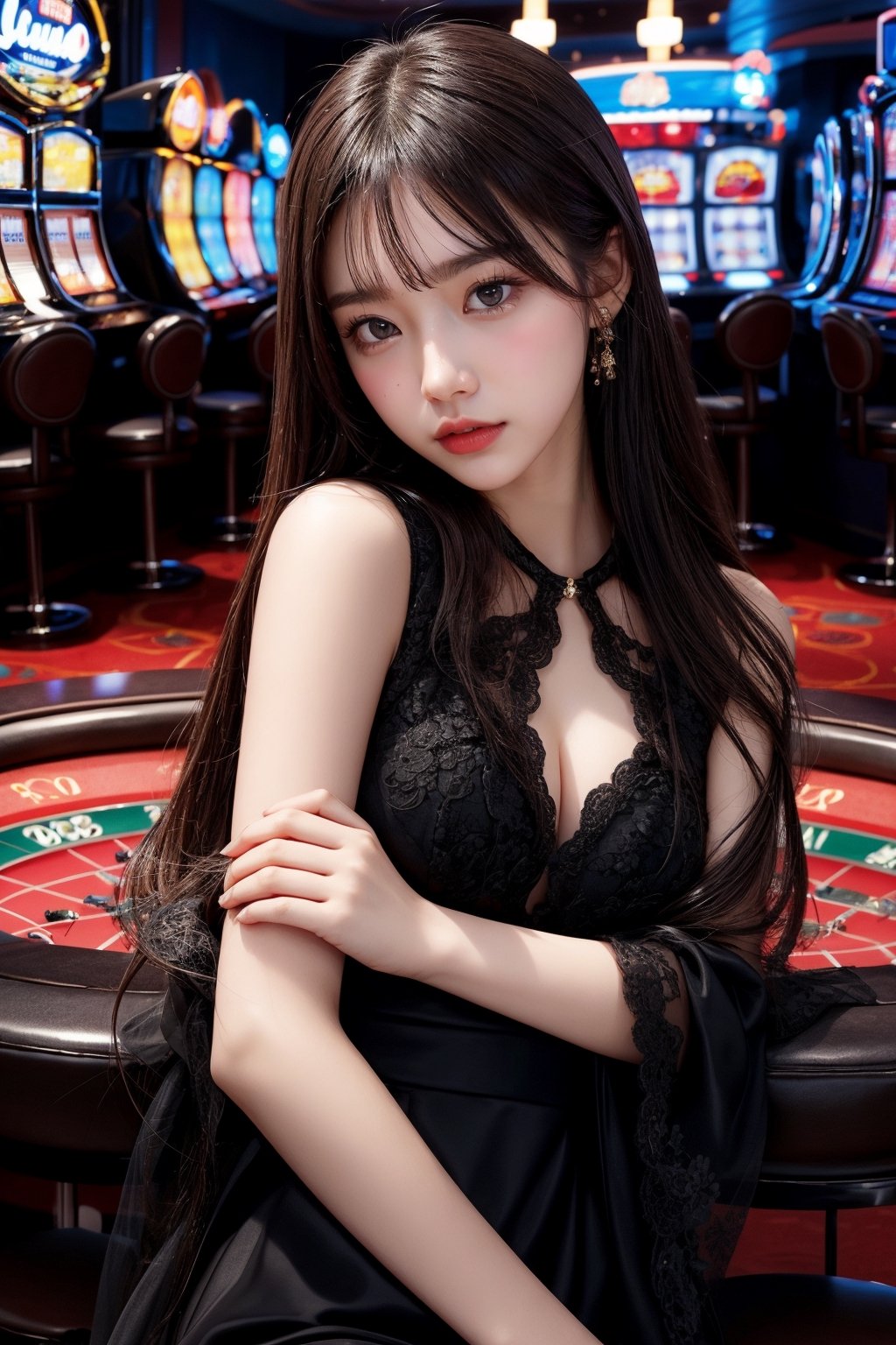 beautiful asian girl , black classy dress , casino girl , high quality