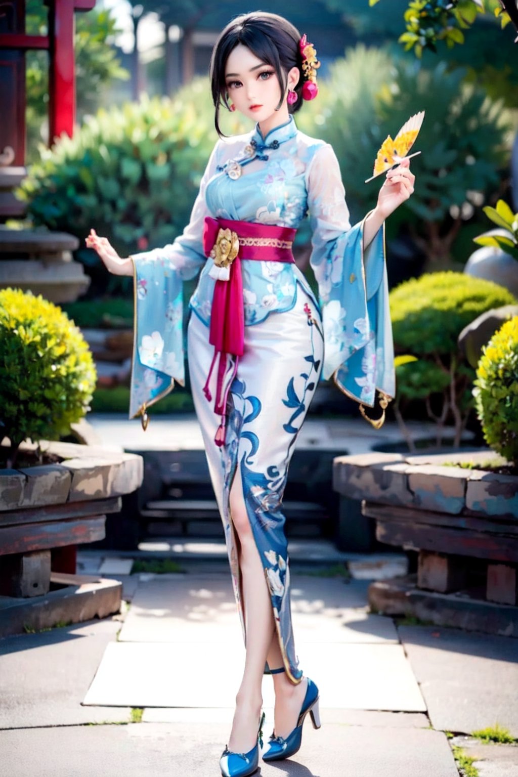 8K , Ultra-high resolution , a beautiful chinese woman wearing Kebaya dress, full body,  Balinese garden as background,  blue and white contrast,  watercolor,  centered,  dynamic pose,  extremely detailed,  sharp focus,  show full dressed,  detailed picture,  cross legs , (((random shoes))) , One Hand-held Indonesian fan,indonesia,kebay4