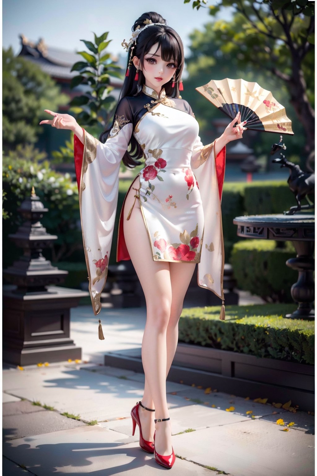 8K , Ultra-high resolution , a beautiful chinese woman wearing Kebaya Indonesian dress,  full body,  Bali garden as background,  blue and white contrast,  watercolor,  centered,  dynamic pose,  extremely detailed,  sharp focus,  show genitailia,  detailed genitalia,  cross legs , (((White or red shoes))) , One Hand-held indonesian fan , ,kebaya