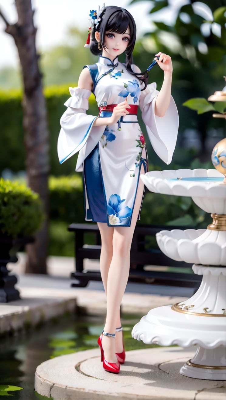 8K , Ultra-high resolution , a beautiful chinese woman wearing Kebaya Indonesian dress,  full body,  Bali garden as background,  blue and white contrast,  watercolor,  centered,  dynamic pose,  extremely detailed,  sharp focus,  show genitailia,  detailed genitalia,  cross legs , (((White or red shoes))) , One Hand-held Indonesian fan , 