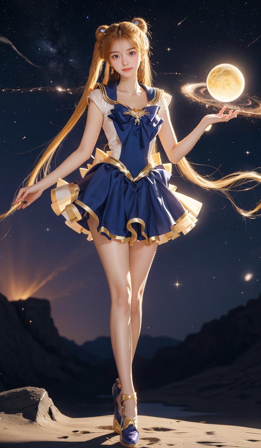 (1girl, standing on the Milky Way, looking at viewer, dressed in sailormoon cosplay, open mouth,smile,comet), masterpiece, HDR, depth of field, wide view, raytraced, full length body, unreal, mystical, luminous, surreal, high resolution, sharp details, translucent, beautiful, stunning, a mythical being exuding energy, textures, breathtaking beauty, pure perfection, with a divine presence, unforgettable, and impressive.,tsukino usagi