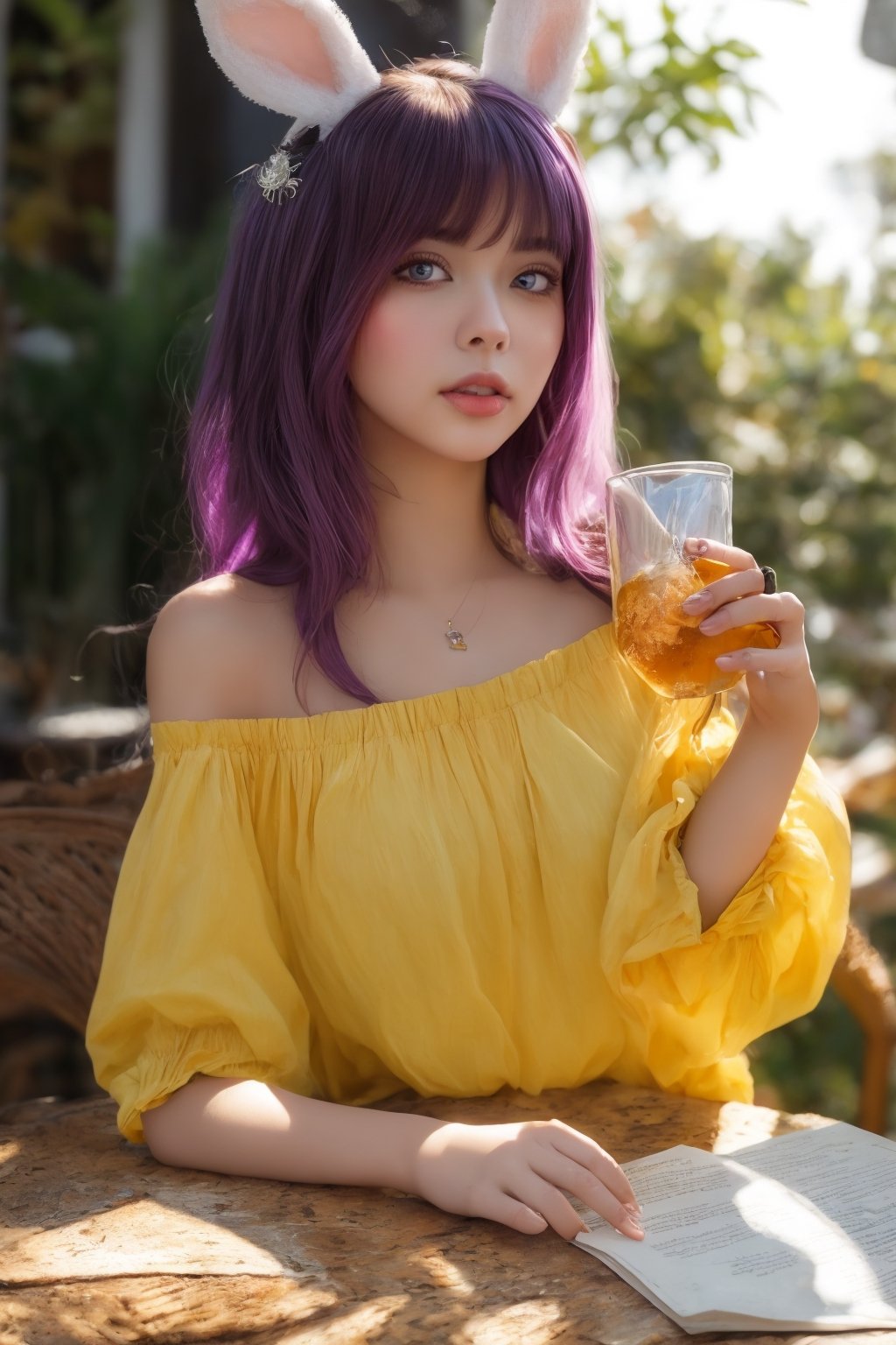 Generate hyper realistic image of a playful woman with bunny ears and an hourglass body, sitting at a table outdoors. Her long, purple hair is adorned with fake animal ears, and her parted bangs frame her face delicately. Dressed in a yellow off-shoulder shirt and a black miniskirt, she holds a cup with a drinking straw, her earrings glinting in the daylight.,idol