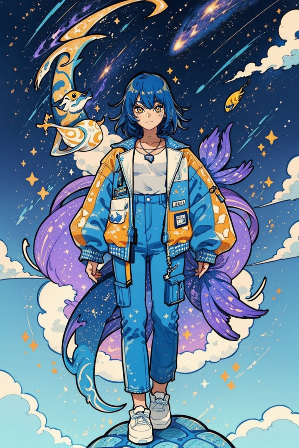 fujimotostyle, woman with blue hair, purple jacket, yellow eyes and tan skin, fish-shaped necklace, standing on the clouds with galaxies in the background, and a floating spider