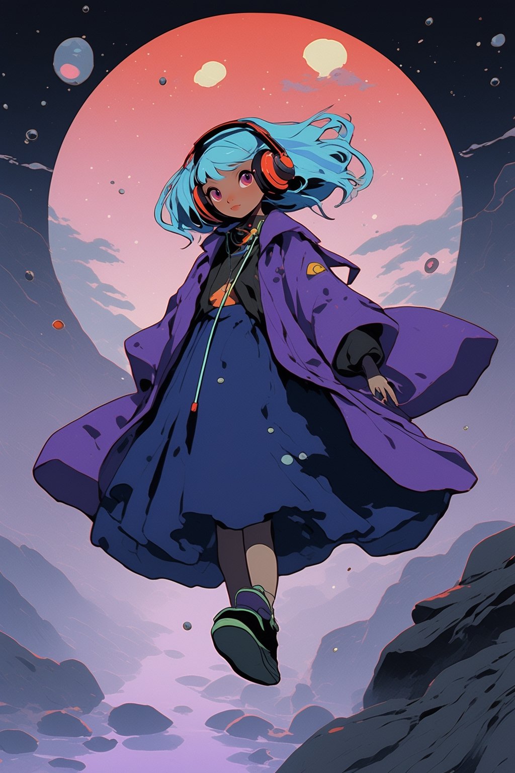 1 adult woman with a purple raincoat, short gray hair and retro headphones, top view, on a stream with rocks, muzgo and cyan frogs, in the background a red sunset and nebula,Ukiyo-e,ink,niji5, fujimotostyle, woman with blue hair, purple jacket, yellow eyes and tan skin, fish-shaped necklace, standing on the clouds with in the background, and a floating spider