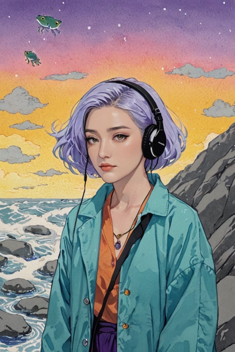 amazing quality, masterpiece, best quality, hyper detailed, extremely detailed, Oil painting, 1 adult woman with a purple raincoat, short gray hair and retro headphones, top view, on a stream with rocks, muzgo and cyan frogs, in the background a red sunset and nebula,Ukiyo-e,ink,niji5, fujimotostyle, woman with blue hair, purple jacket, yellow eyes and tan skin, fish-shaped necklace, standing on the clouds with in the background, and a floating spider