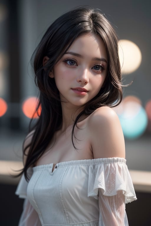 1girl,(RAW photo, best quality), (realistic, photo-realistic:1.4), masterpiece, an extremely delicate and beautiful, extremely detailed, 2k wallpaper, Amazing, finely detail, extremely detailed CG unity 8k wallpaper, ultra-detailed, highres, soft light, beautiful detailed girl, extremely detailed eyes and face, beautiful detailed nose, beautiful detailed eyes,cinematic lighting,perfect anatomy, sexy, dynamic pose, slender body,smiling,(bokeh:1.3) very transparent dress, off shoulder, very soft skin, very dreamy facial expression, soft and blurry natural background, very long hair.