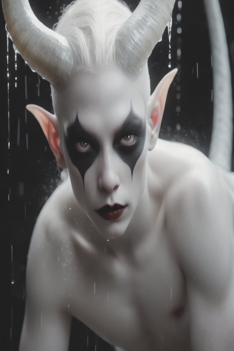 fotografia hiper realista, render 2d, 8k, full body gemelas albino models demons large black eyes,, nacar ,onix ,shine sparkle, background raining 