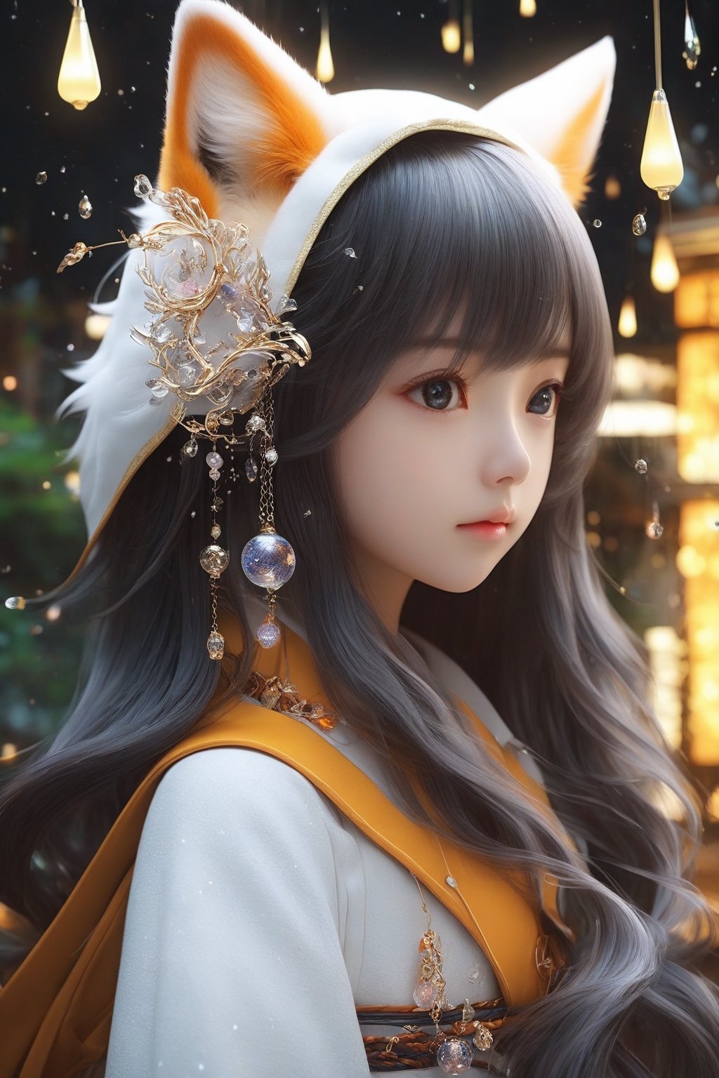masterpiece, extremely best quality,  official art,  cg 8k wallpaper,  (Fantasy Style:1.1), (face focus,  cute,  masterpiece,  best quality,  1girl, kitsune ,  solo,  standing,  pixiv:1), 3d,  looking up,  light particle,  highly detailed,  best lighting,  pixiv,  depth of field,  (beautiful face),  fine water surface,  incredibly detailed,  (an extremely  beautiful),  (best quality),yua_mikami,Sci-fi ,pturbo,F41Arm0rXL ,Spirit Fox Pendant,composed of elements of thunder锛宼hunder锛宔lectricity,Travel,Renaissance Sci-Fi Fantasy