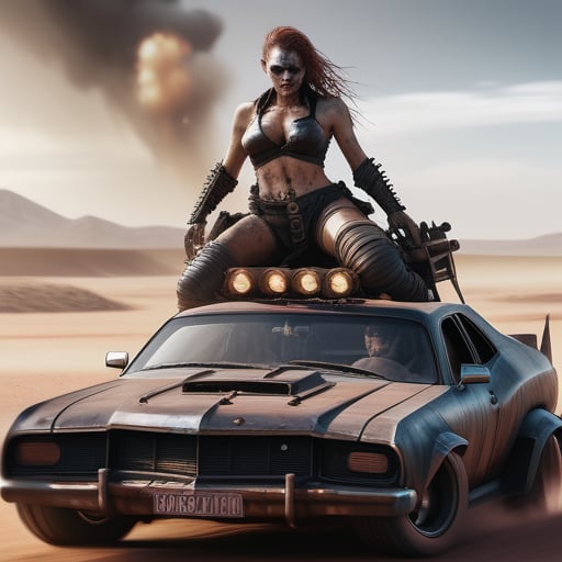 hiper realista, render 2d, 8k, full body demon zombie womans in pose of battle  ,mad max style , rose gold,  nacar, black,  more detail XL,more detail XL, cards apocaliptics in the backgruond 