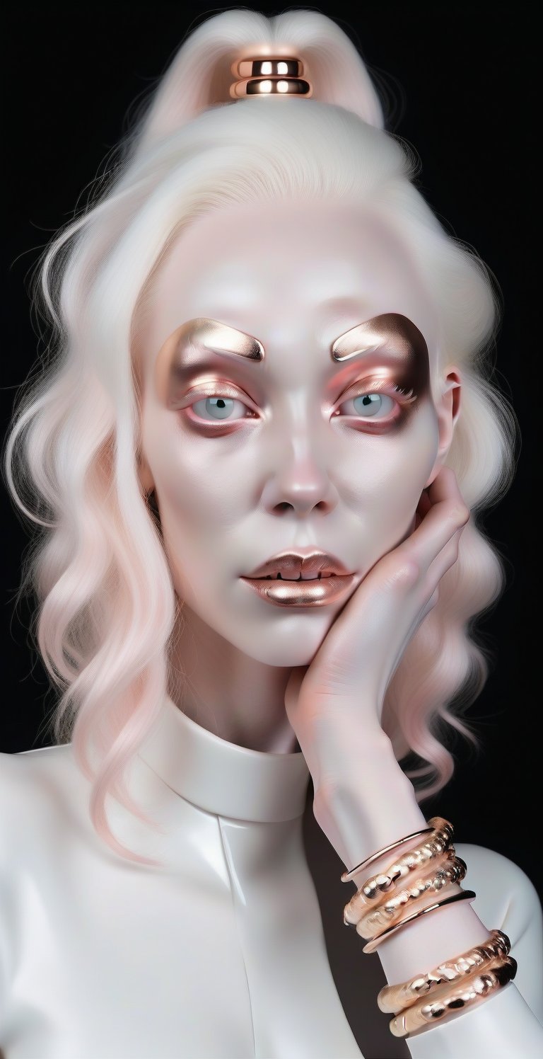 ,full body demon albino woman model, all in rose gold, nacar, onix 